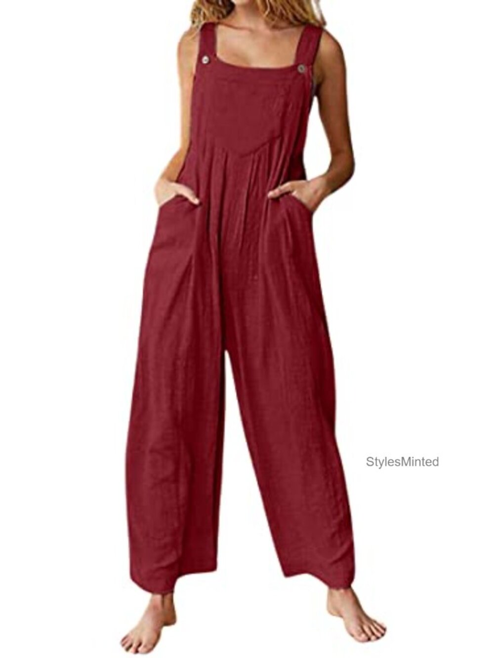 Sleeveless Wide Leg Bib Overalls Tank Jumpsuit with Pockets for Women